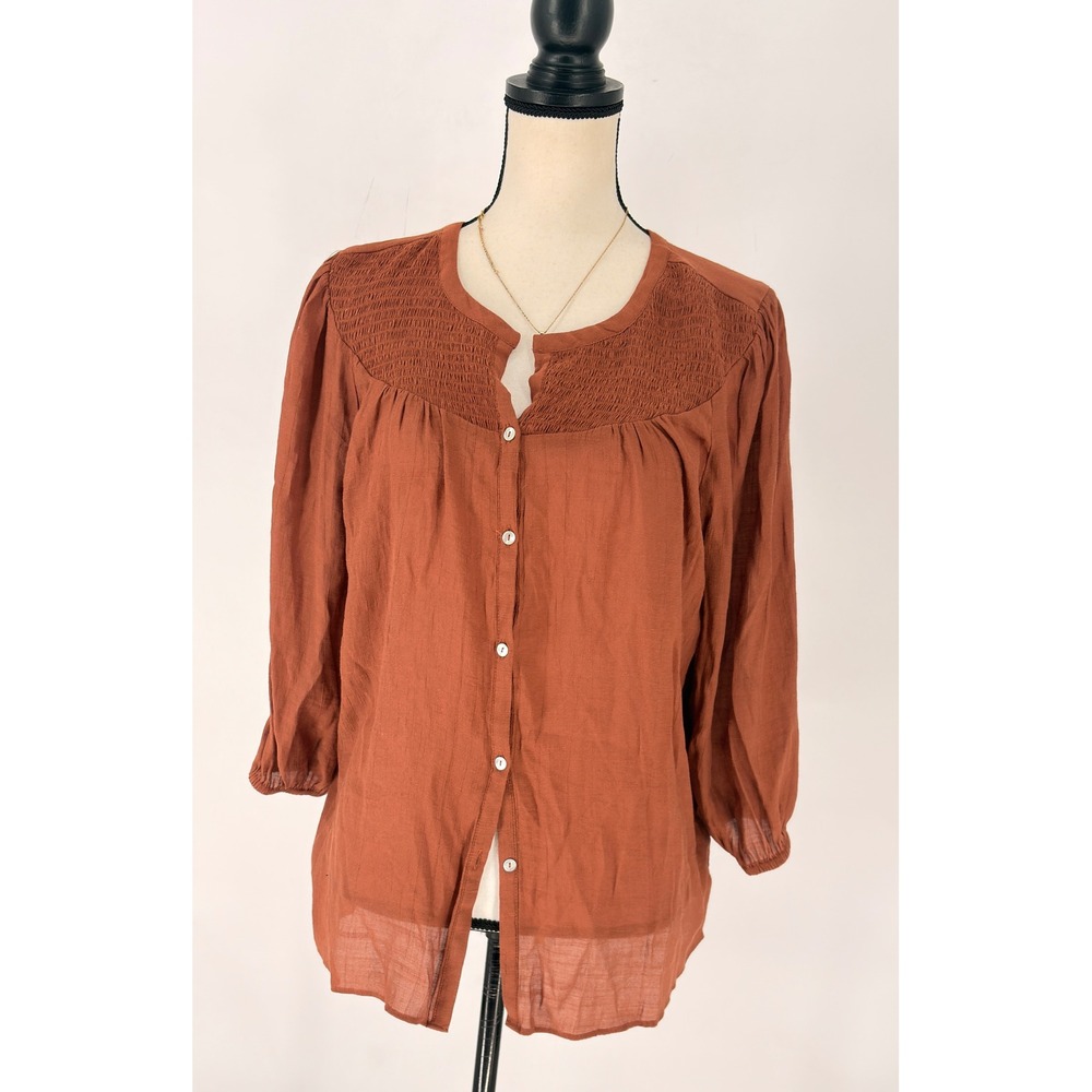 Nanette Lepore Women's Rust Button-Up 3/4 Sleeve Smocked Top Blouse